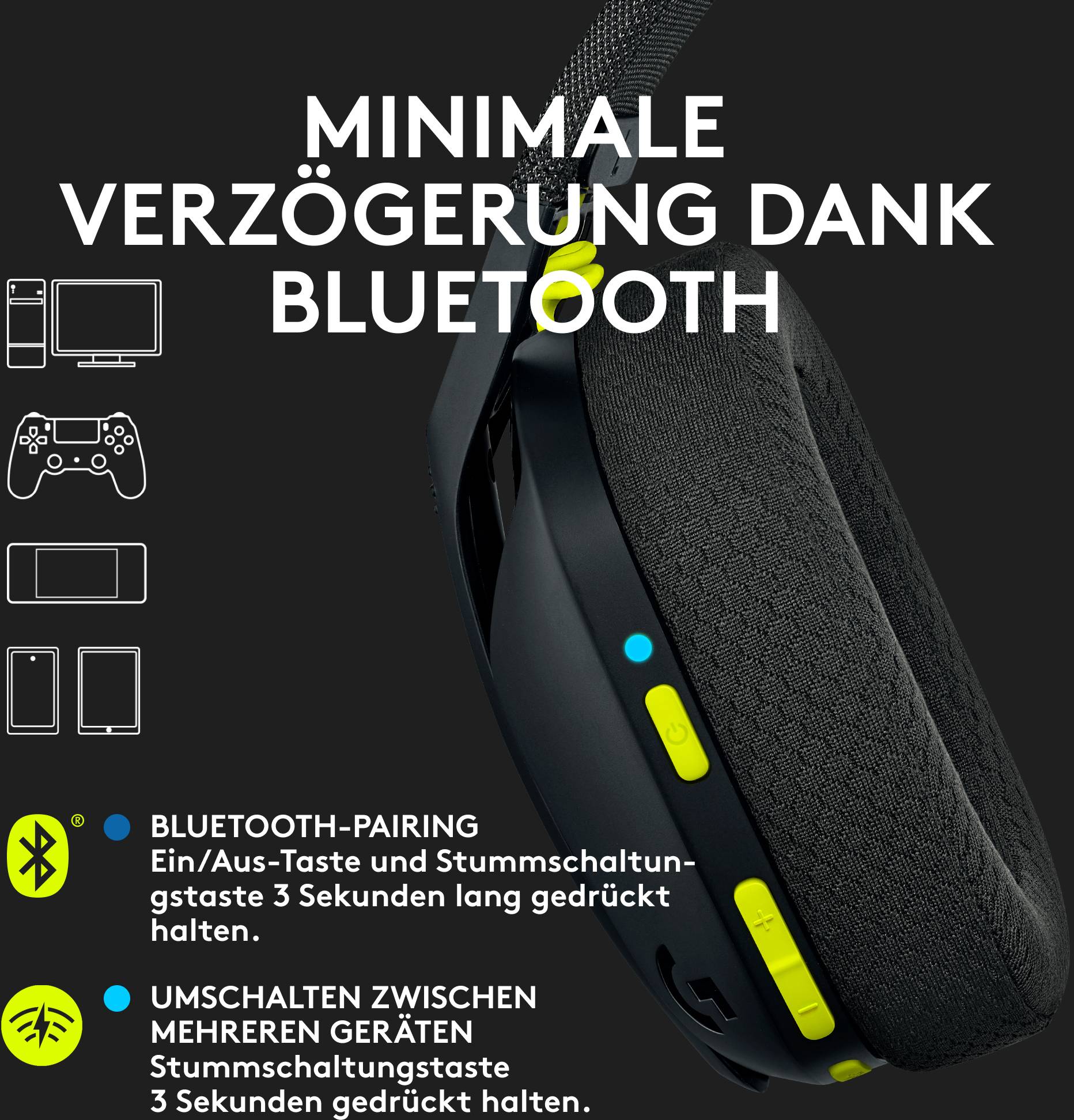 Großes schwarzes Headset mit gelben Details. Text auf dem Bild: 'Minimale Verzögerung dank Bluetooth'. Pairing-Anleitung beschrieben.