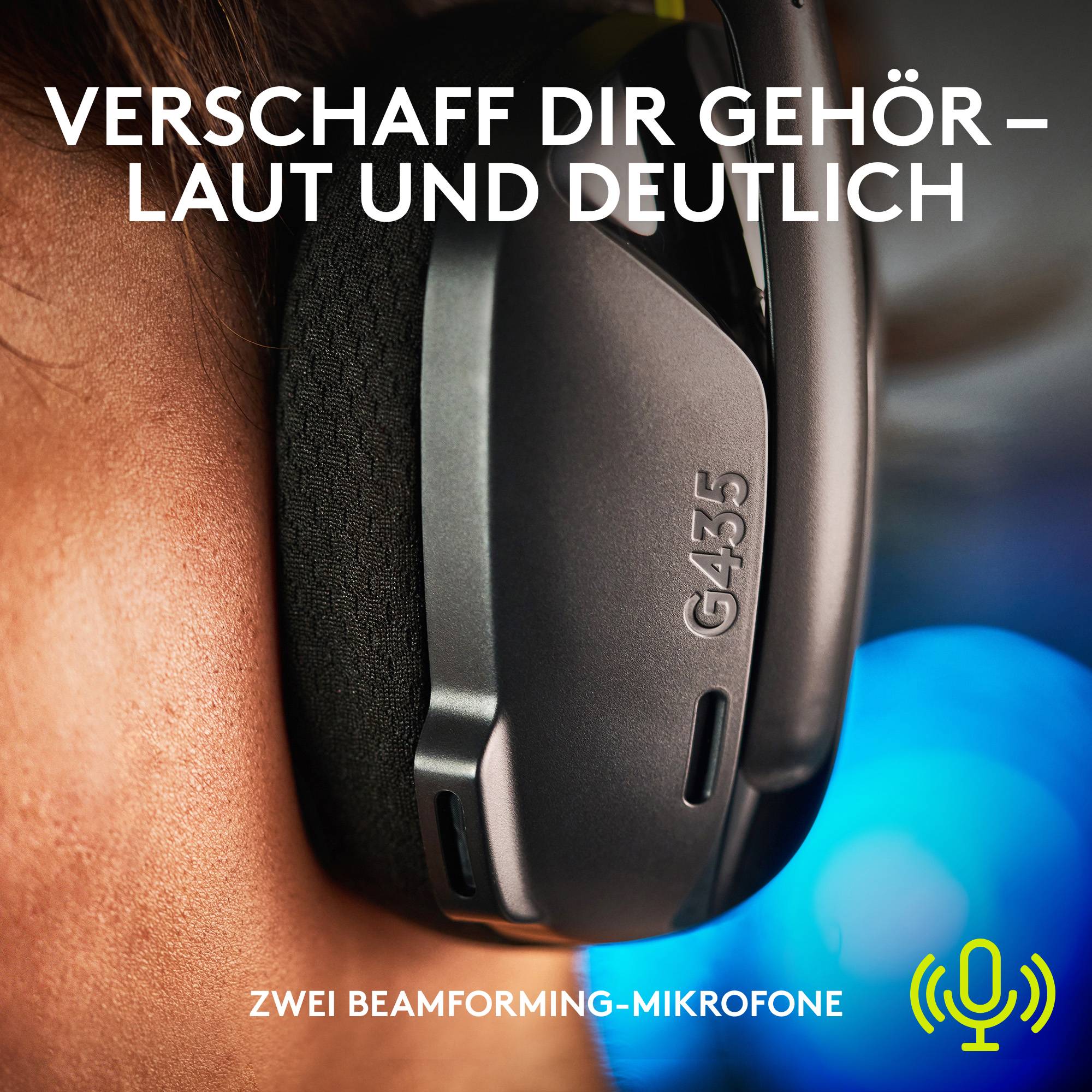 Ein Mensch trägt einen Kopfhörer mit der Aufschrift 'G435'. Text oben: 'Verschaff dir Gehör – laut und deutlich'. Unten: 'Zwei Beamforming-Mikrofone'.