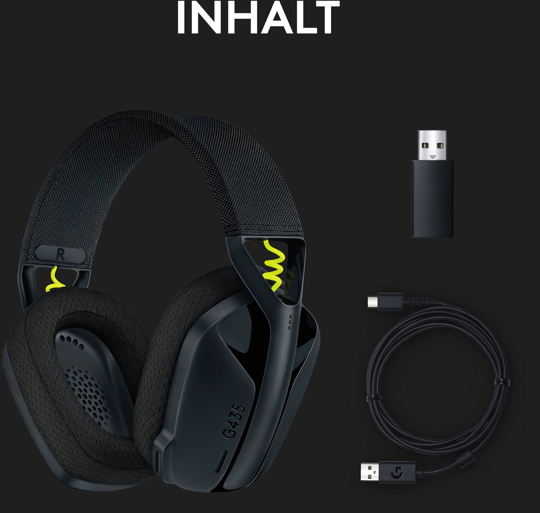 Abbildung zeigt ein Paar schwarze Kopfhörer, einen USB-Empfänger und ein Ladekabel auf schwarzem Hintergrund. Oben steht 'INHALT'.