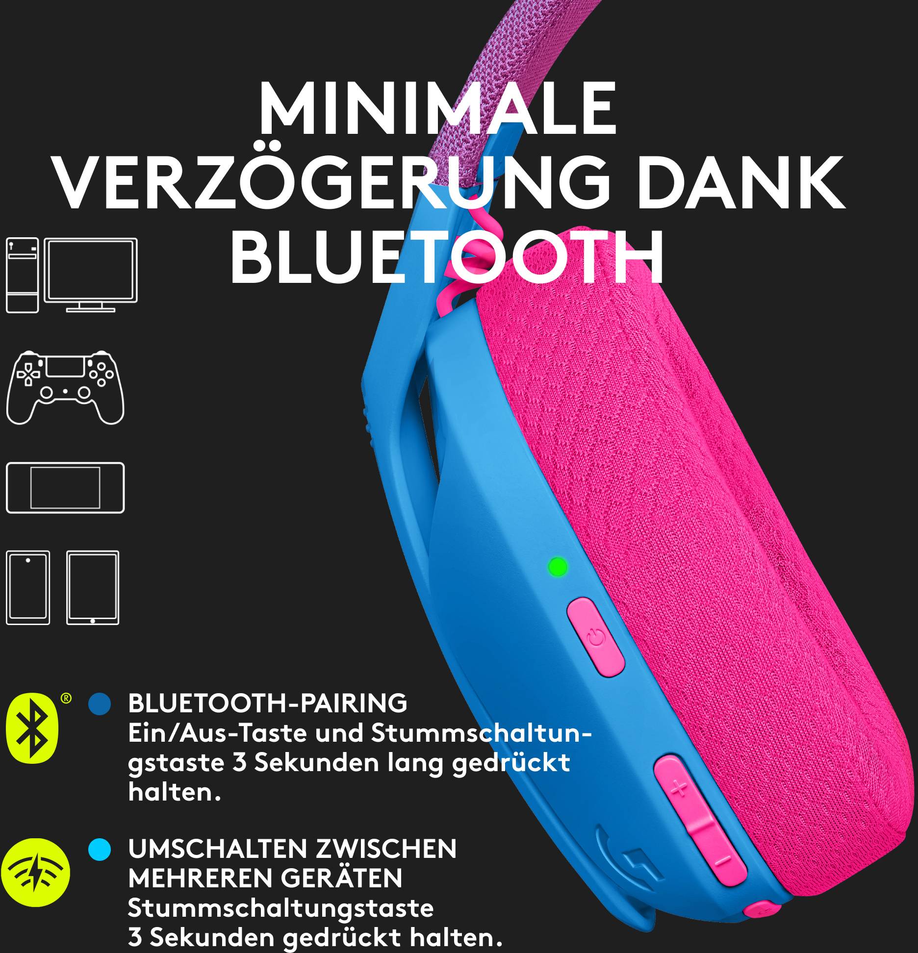 Minimale Verzögerung dank Bluetooth. Abbildung zeigt Gaming-Controller, Kopfhörer und Handy. Bluetooth-Pairing und Umschalten erklärt.