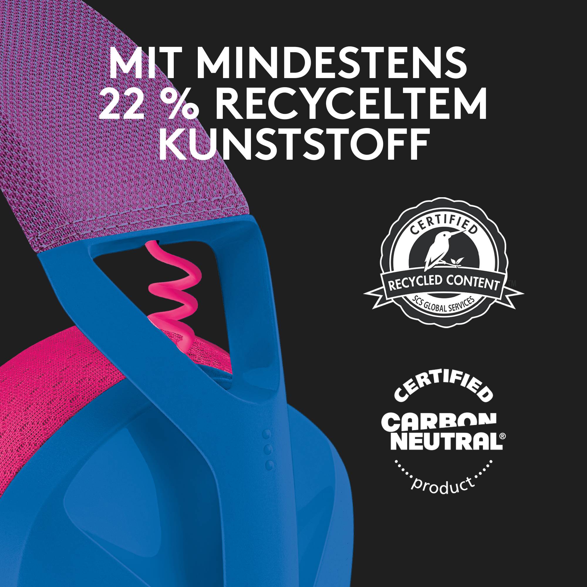 'Mit mindestens 22 % recyceltem Kunststoff. Certified Carbon Neutral.' Text auf einem bunten Hintergrund mit geometrischen Formen.
