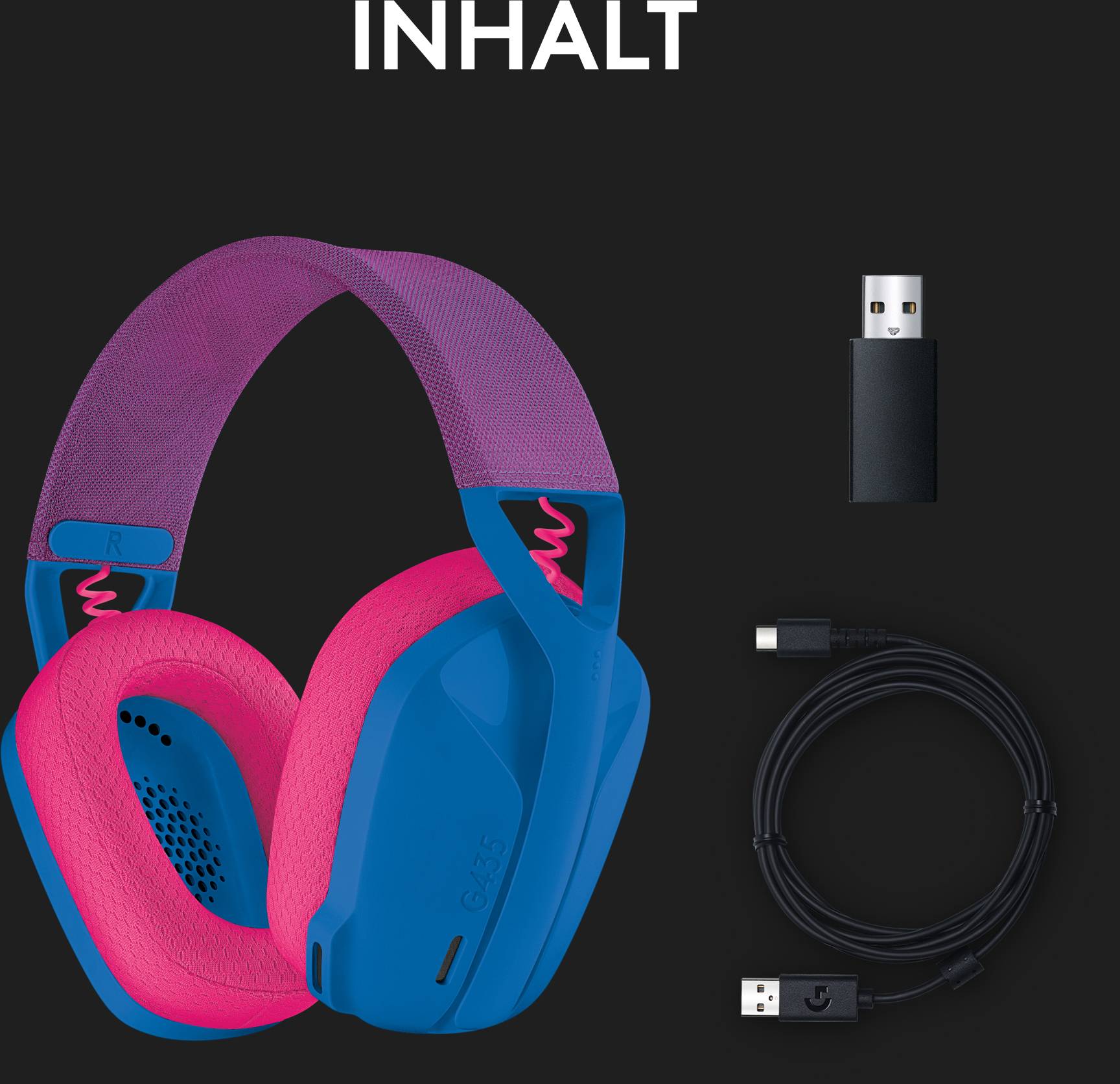 Blau-rosa Kopfhörer, USB-Empfänger und Ladekabel auf schwarzem Hintergrund mit dem Wort 'Inhalt' darüber.