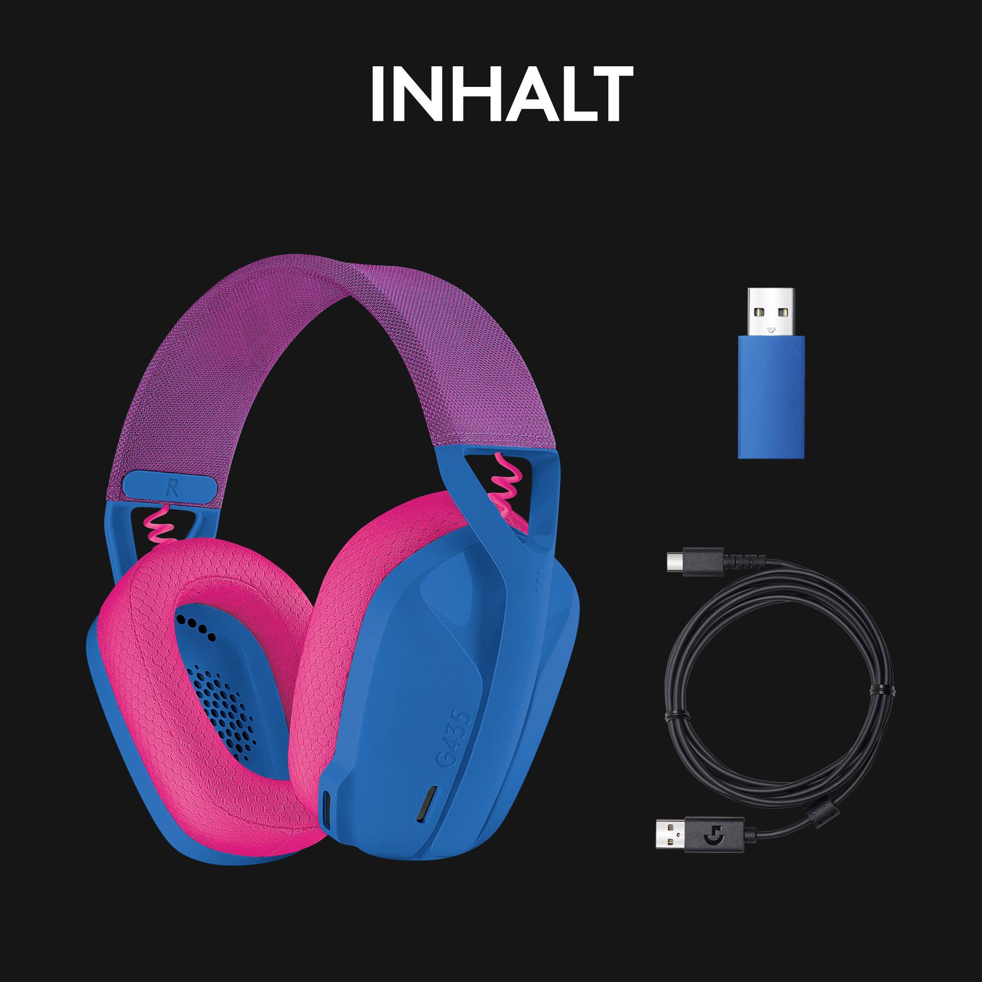 Kabelloses Headset mit pinken Ohrpolstern und blauem Bügel, USB-Empfänger und Ladekabel. Text 'IN THE BOX' oben im Bild.