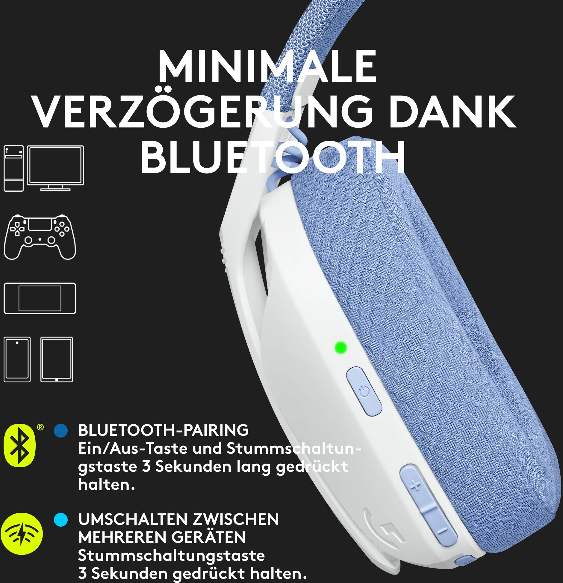 Kopfhörer mit Text: 'Minimale Verzögerung dank Bluetooth'. Interface zeigt Pairing-Optionen mit Symbolen für verschiedene Geräte.