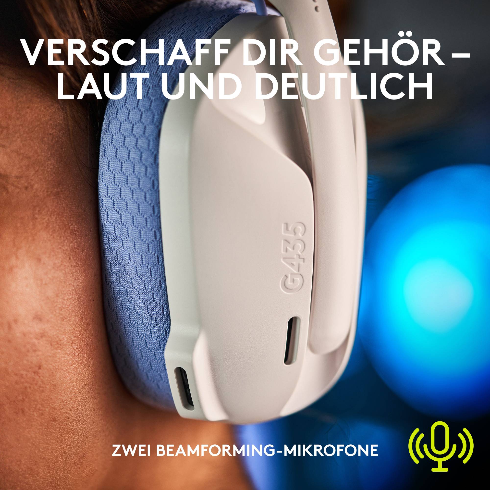 Nähe einer Person mit Kopfhörern; Text oben: 'Verschaff dir Gehör – laut und deutlich'; Unten: 'Zwei Beamforming-Mikrofone'; Symbol eines Mikrofons.