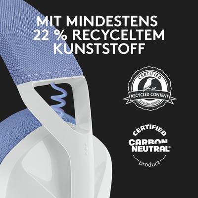 Ein Bürostuhl mit blauem Stoff und weißem Rahmen. Zertifiziert für 'Mindestens 22% recyceltem Kunststoff' und 'Carbon Neutral'.