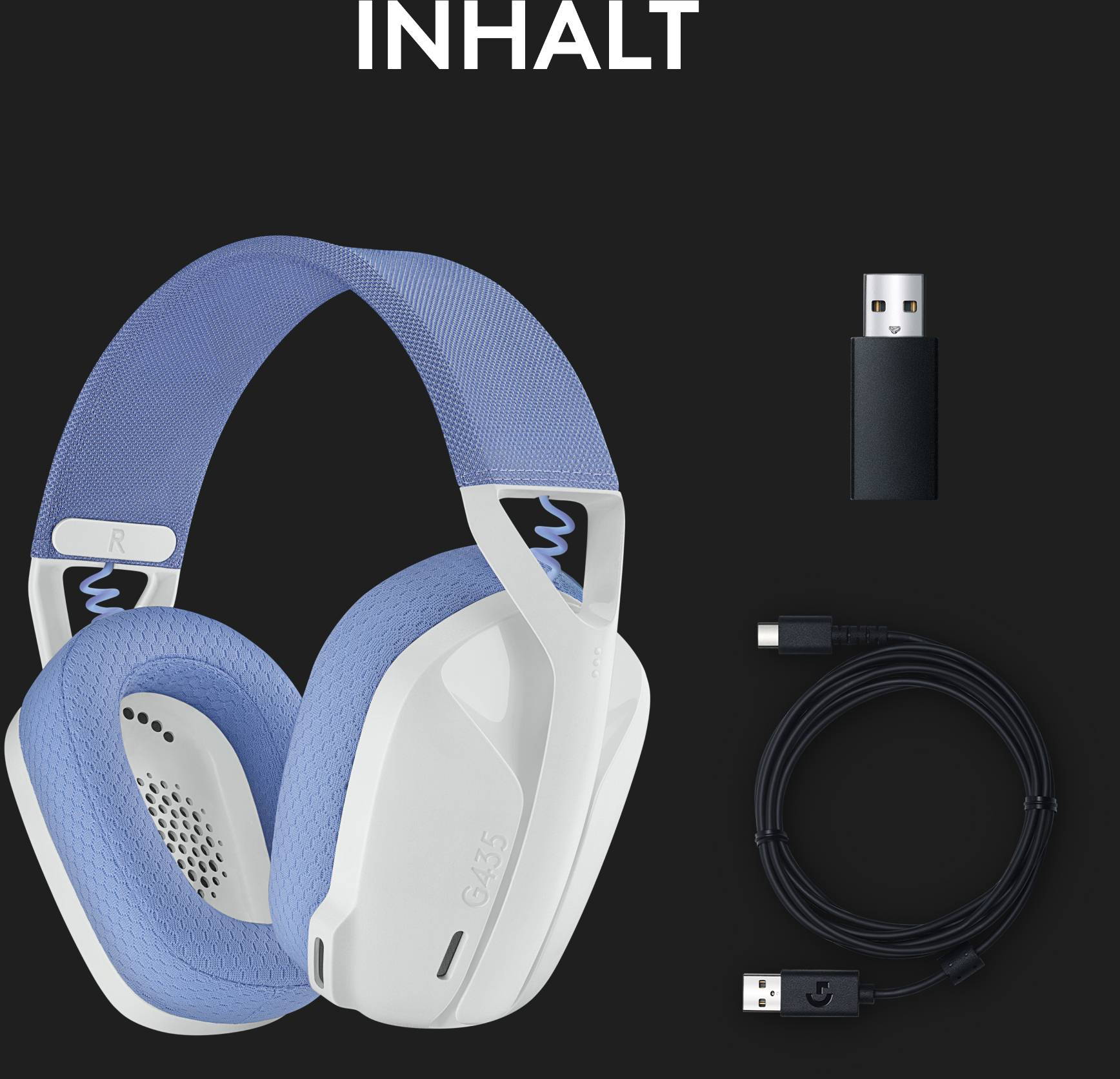 'INHALT': Blau-weiße Over-Ear-Kopfhörer, schwarzer USB-Adapter und ein USB-Kabel auf schwarzem Hintergrund.