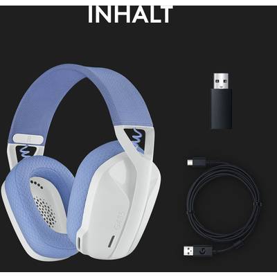 'INHALT': Blau-weiße Over-Ear-Kopfhörer, schwarzer USB-Adapter und ein USB-Kabel auf schwarzem Hintergrund.