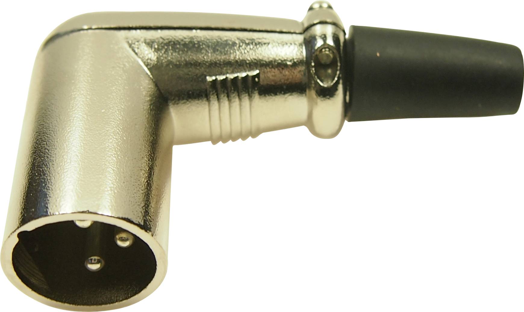 Ein metallener, rechtwinkliger Steckeradapter mit drei PIN-Löchern und schwarzem Kabelanschluss; geeignet für Audioverbindungen.