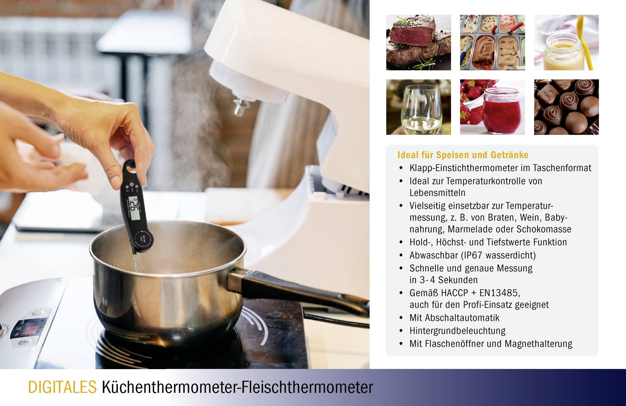 Ein digitales Küchenthermometer wird in einem Kochtopf genutzt. Rechts neben dem Bild sind Produktmerkmale und Anwendungen aufgelistet.