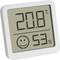 Digitales Thermometer zeigt 20,8 Grad Celsius und 53% Luftfeuchtigkeit mit einem Smiley-Symbol.