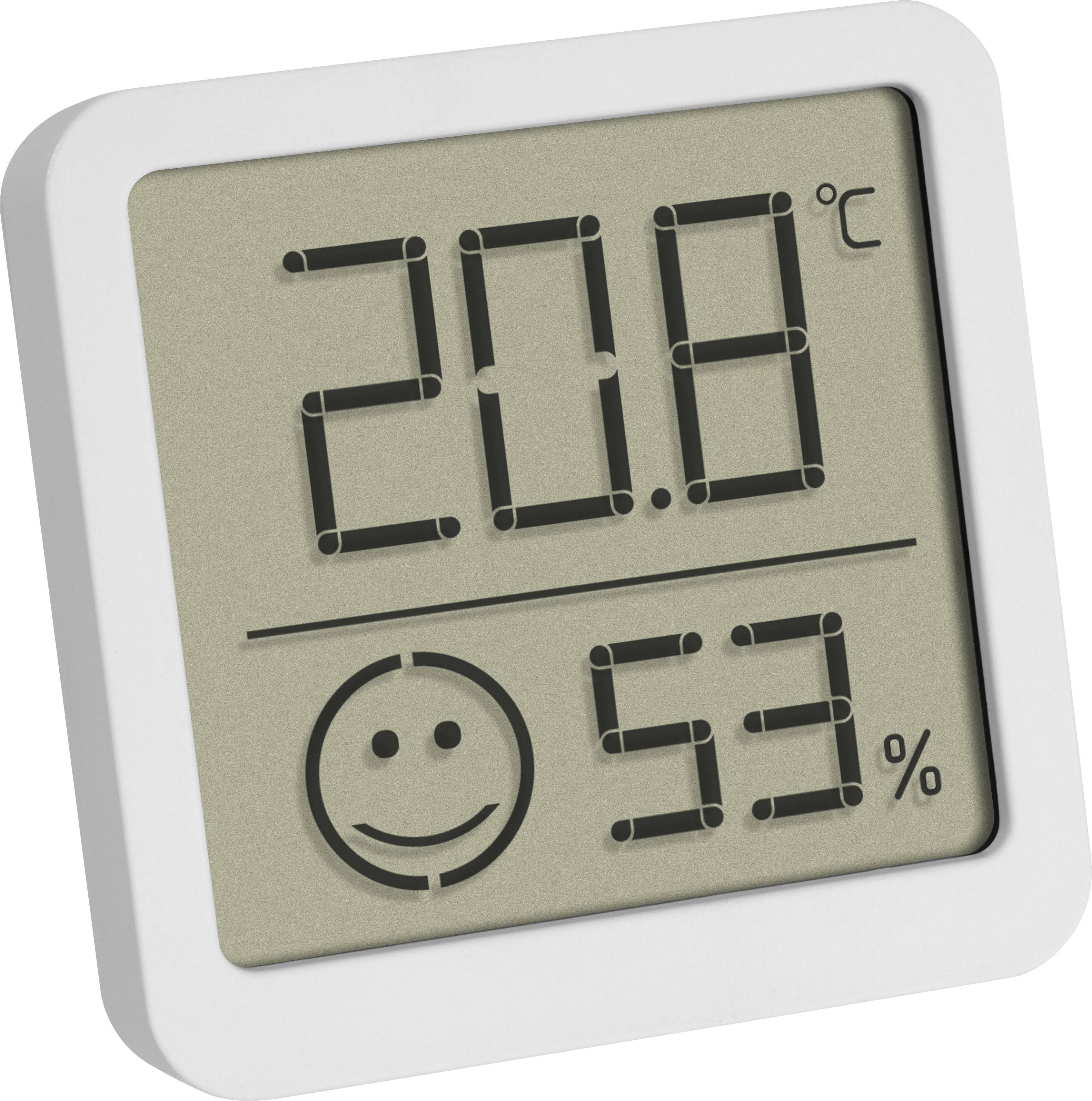 Ein digitales Thermo-Hygrometer zeigt 20,8 Grad Celsius und 53% Luftfeuchtigkeit. Ein Smiley symbolisiert angenehmes Klima.