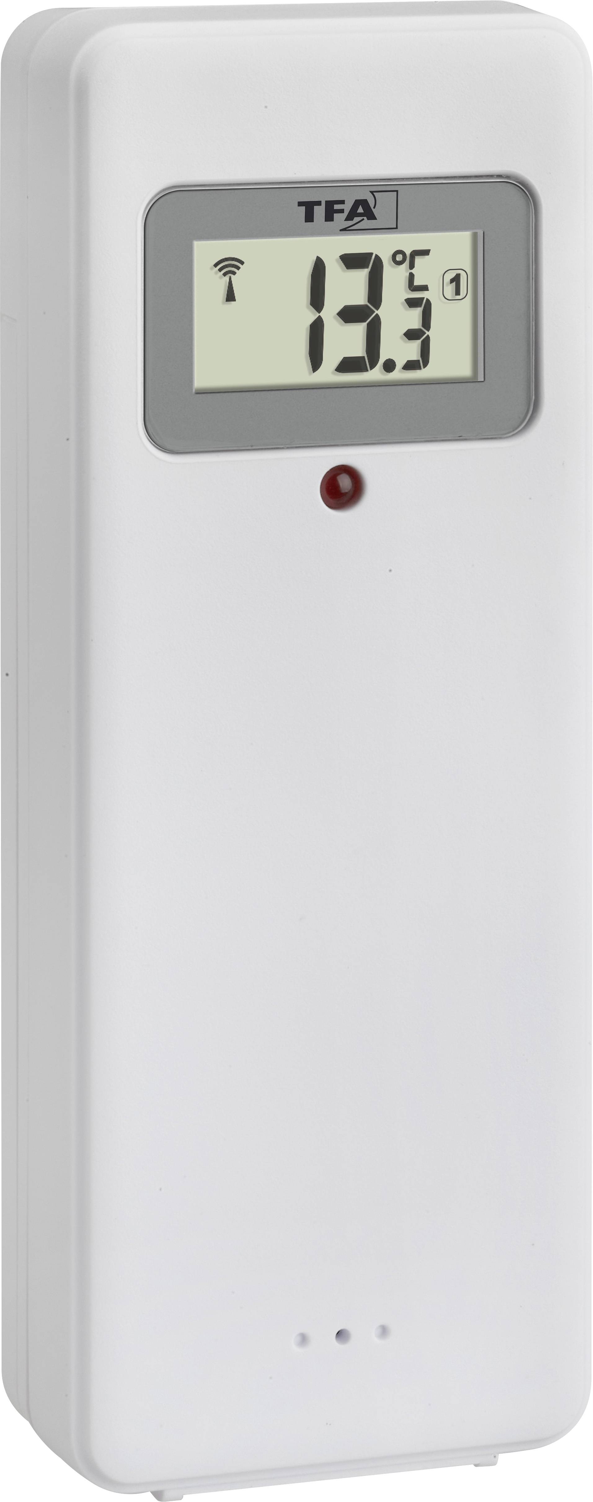 Ein weißes, rechteckiges Thermometer mit digitalem Display zeigt 13,5 Grad Celsius an.