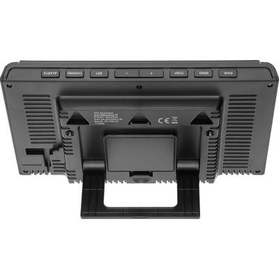 Schwarzes elektronisches Gerät von hinten, zeigt Bedienelemente wie Kanal-, Set- und Scan-Tasten. Gerät steht auf einem ausklappbaren Ständer.