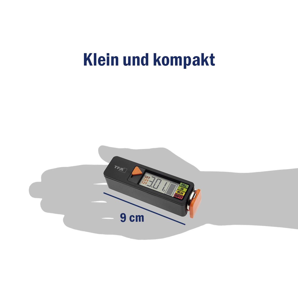 Ein digitales Thermometer liegt auf einer Hand. Das Display zeigt '30.1°C'. Text oben: 'Klein und kompakt'. Größe: 9 cm.