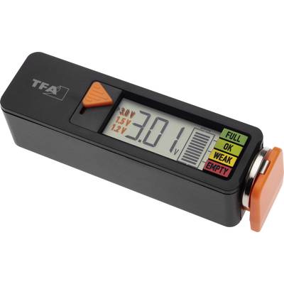 Ein Batterietester mit digitalem Display zeigt '3.0V'. Farbcodiertes Diagramm rechts: grün für 'FULL', gelb 'OK', rot 'WEAK/EMPTY'.