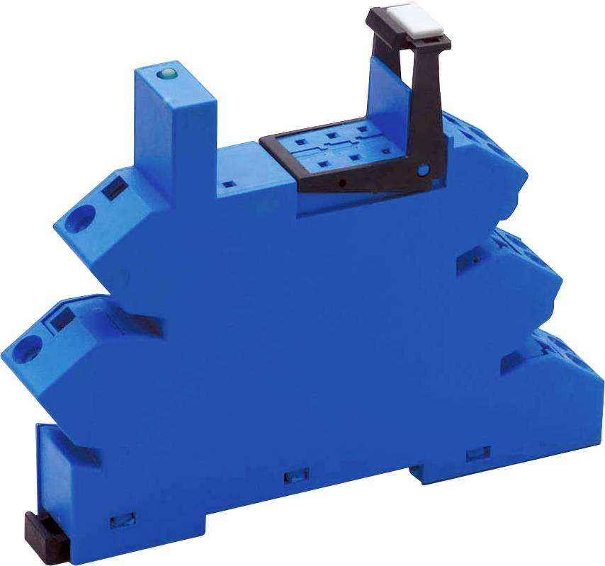 Blauer elektrischer Klemmenblock mit schwarzem Hebel oben; verwendet zur Verbindung und Organisation von elektrischen Kabeln in Schaltschränken.