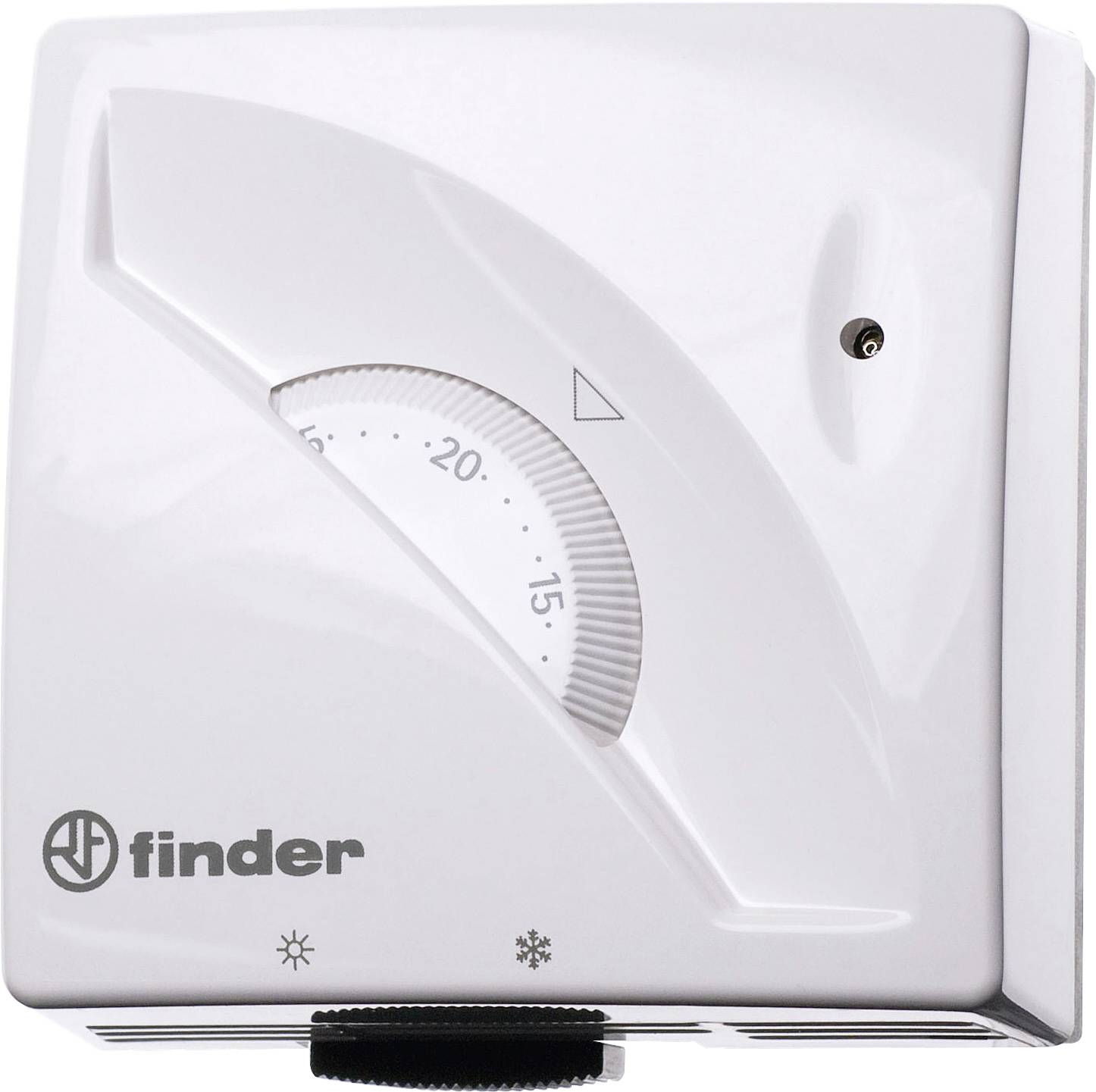 Ein weißer Raumthermostat mit einem Drehknopf zur Temperatureinstellung zwischen 5 und 30 Grad Celsius.