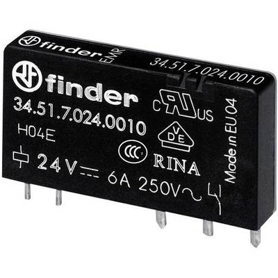 Ein schwarzes Relais-Modul mit der Aufschrift 'finder', Modellnummer 34.51.7.024.0010, Nennspannung 24V, bei 6A und 250V. Herstellung in EU.
