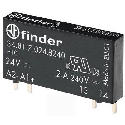 Schwarzes, rechteckiges Relais von Finder mit der Aufschrift '34.81.7.024.8240'. Spannung 24V, maximaler Strom 2A bei 240V.