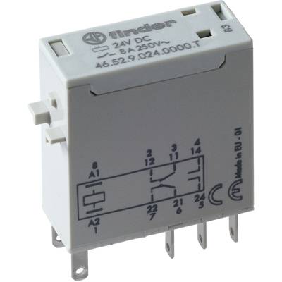 Ein graues, rechteckiges Relais von Finder mit der Aufschrift '24V DC, 8A 250V~'. Es hat sechs Anschlussstifte an der Unterseite.