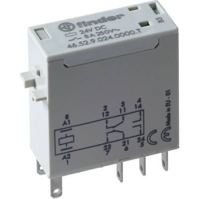 Weißes Elektromechanisches Relais von Finder, 24V DC, 8A/250V~, Modellnummer 46.52.9.024.0000.T, mit sechs Anschlussklemmen.