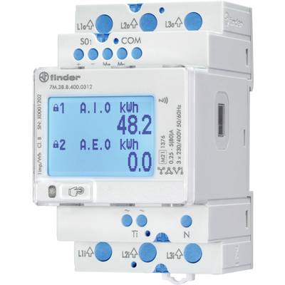 Ein digitaler Stromzähler mit Display zeigt 'A.I.0 48.2 kWh' und 'A.E.0 0.0 kWh' an. Weiße Oberfläche mit blauen Elementen.