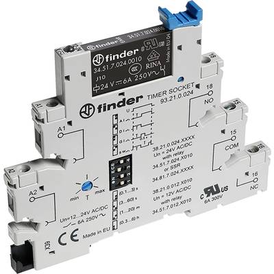 Ein graues Zeitrelais-Modul mit blauer Komponente oben rechts. Beschriftet mit technischen Details und Herstellerkennung.
