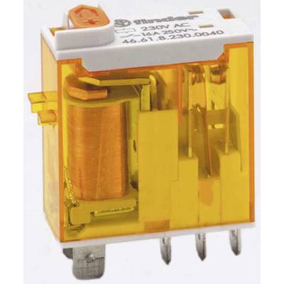 Ein gelbes Relais mit Steckpins, transparentem Gehäuse und seitlich sichtbar eingravierter Beschriftung '230V AC, 16A, 250V~'.