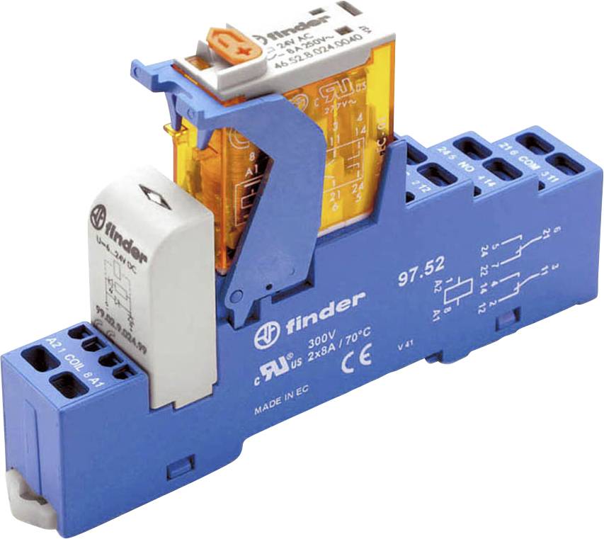 Ein elektrisches Relais in einem blauen Gehäuse, mit orangefarbenem Schaltmechanismus, zeigt Spannungsspezifikationen an der Seite.