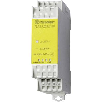Relaismodul von Finder mit der Aufschrift '7S.12.9.024.5110'. Es hat eine gelbe Beschriftung: '6A 250V~', 'EN 50205 TYPE A'.