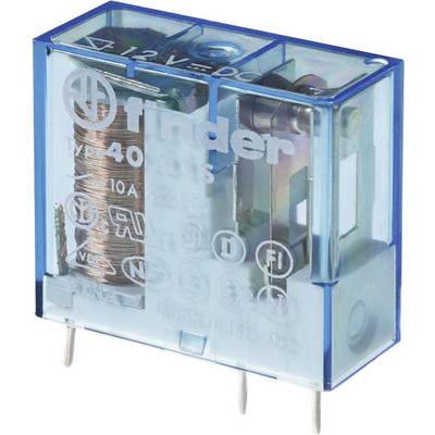 'Finder' Relais Typ 40.31S, blaues Gehäuse, 12V DC Spule, 10A, 250V AC Schaltspannung. Seitenansicht zeigt Kupferspule und Anschlüsse.