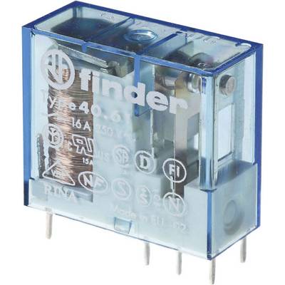 Ein blauer, transparenter Relais mit dem Aufdruck 'finder' und technischen Spezifikationen: 16A, 250V. Sechs Anschlussstifte unten.