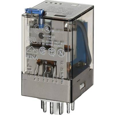 Ein elektronisches Relais mit durchsichtigem Gehäuse, zeigt Schaltpins und Symbole für elektrische Zertifizierungen; von unten montiert.