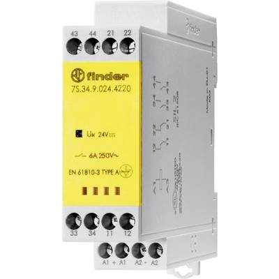 Elektrisches Relaismodul mit gelber Frontplatte und schwarzem Text 'Finder 7S.34.9.024.4220'. Verbindungen und technische Spezifikationen sichtbar.