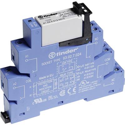 Ein elektrisches Relais auf einer blauen Fassung mit weißen Markierungen für Anschlussklemmen und technischen Spezifikationen.