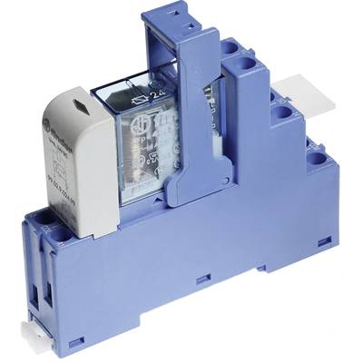 Ein blaues Relais, montiert auf einer Hutschiene, mit durchsichtigem Gehäuse. Zeigt elektrische Komponenten und Schaltmechanismen.