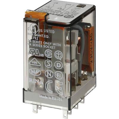 Ein transparenter elektrischer Relais mit verschiedenen Zertifizierungslogos und der Aufschrift '230V AC, Made in EU'.