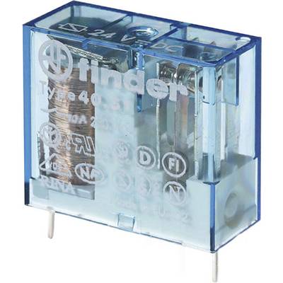 Kleines blaues Elektromagnet-Relais mit mehreren Kontakten und sichtbarer Spule, auf der Oberfläche mit Markierungen und Spezifikationen.