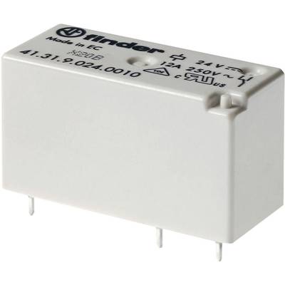 Rechteckiges elektrisches Relais von Finder mit vier Metallstiften zur Montage. Aufschrift oben: 'Finder', Modellnummer 41.31, 24V, 12A, 250V.