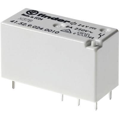 Rechteckiges elektrisches Relais mit der Aufschrift 'Finder 41.52, 8A 250V, Made in EC04', zeigt verbundene elektrische Stifte.