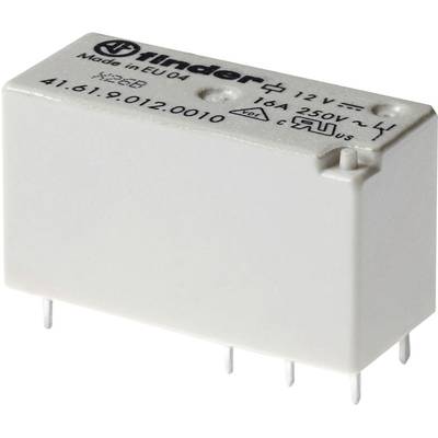 Weißes elektromechanisches Relais mit sechs Metallpins, Beschriftung 'Finder', 12V, 16A, 250V.