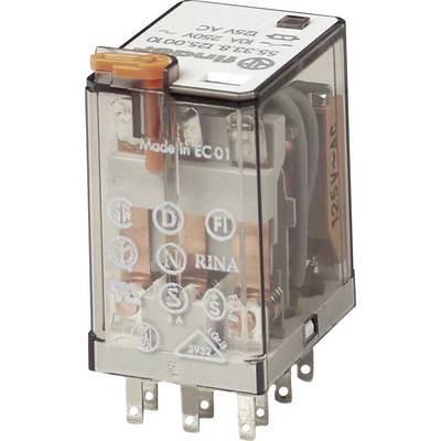 Ein rechteckiges, transparentes Relais mit metallischen Anschlüssen und Aufschriften auf der Oberseite, geeignet für 125V AC.