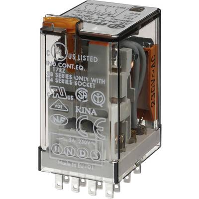 Industrieschütz in transparentem Gehäuse mit Prüfzeichen und Spezifikationen. Spannung: 230V AC, Serie-F Aufkleber sichtbar.