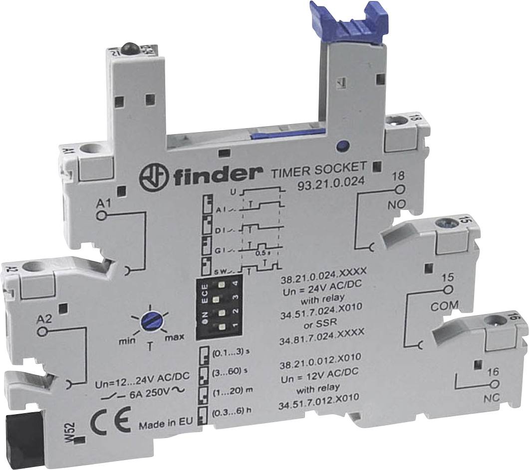 Elektronisches Zeitrelais-Modul mit Timer-Funktion. Geeignet für Spannungen von 12–24V AC/DC. Markenname und technische Details sichtbar.