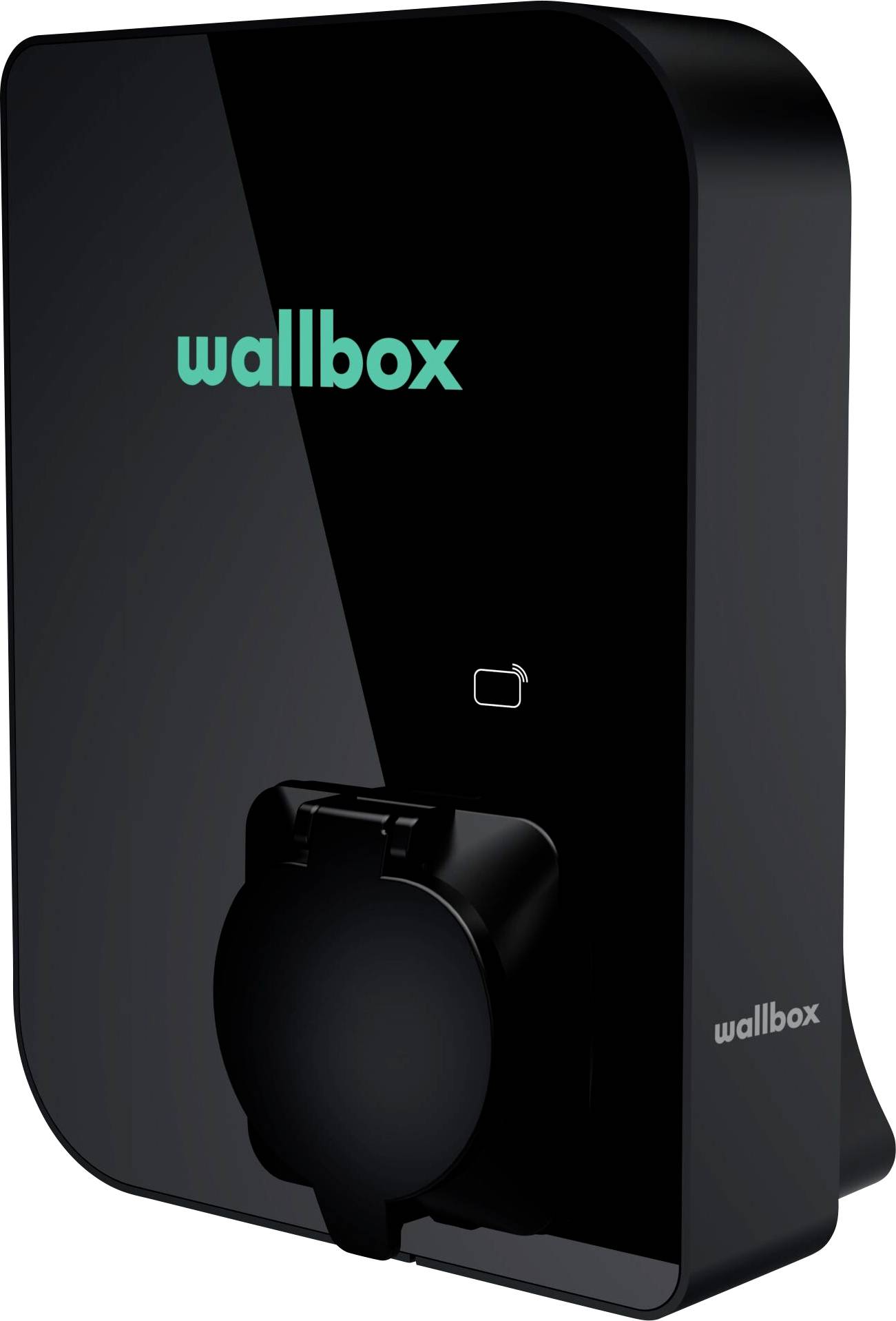 Eine schwarze Wallbox für Elektroautos mit einem grünen 'wallbox'-Logo und einem stilisierten Batteriesymbol.