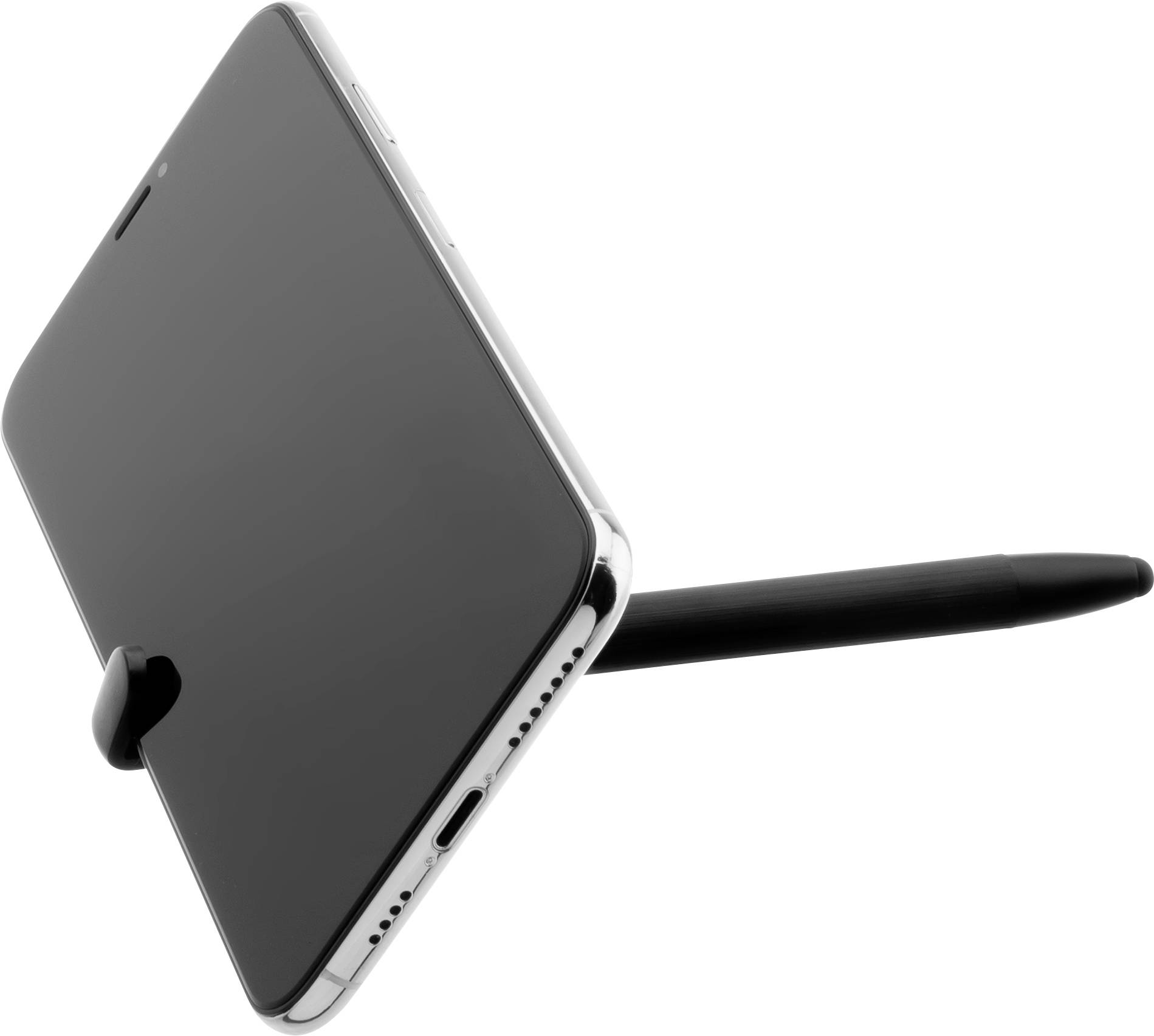 Ein Smartphone liegt auf einem schwarzen Stift, der als Stütze dient. Das Display ist ausgeschaltet.