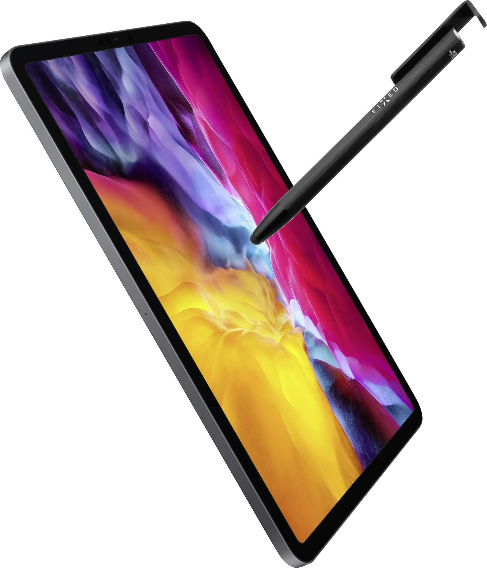 Ein Tablet mit leuchtendem Display zeigt bunte, abstrakte Farben. Ein stylus ähnlicher Stift schwebt darüber, bereit zum Schreiben.