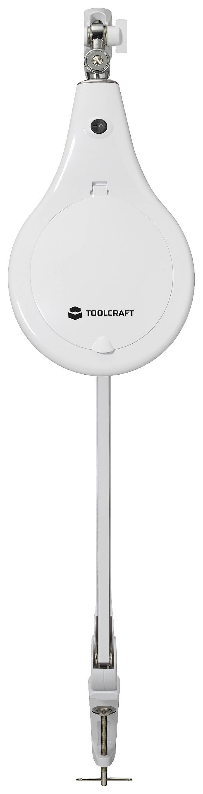 Ein weißer, ovaler elektrischer Motor von Toolcraft mit einer Aufhängung oben und zwei Metallklammern unten.
