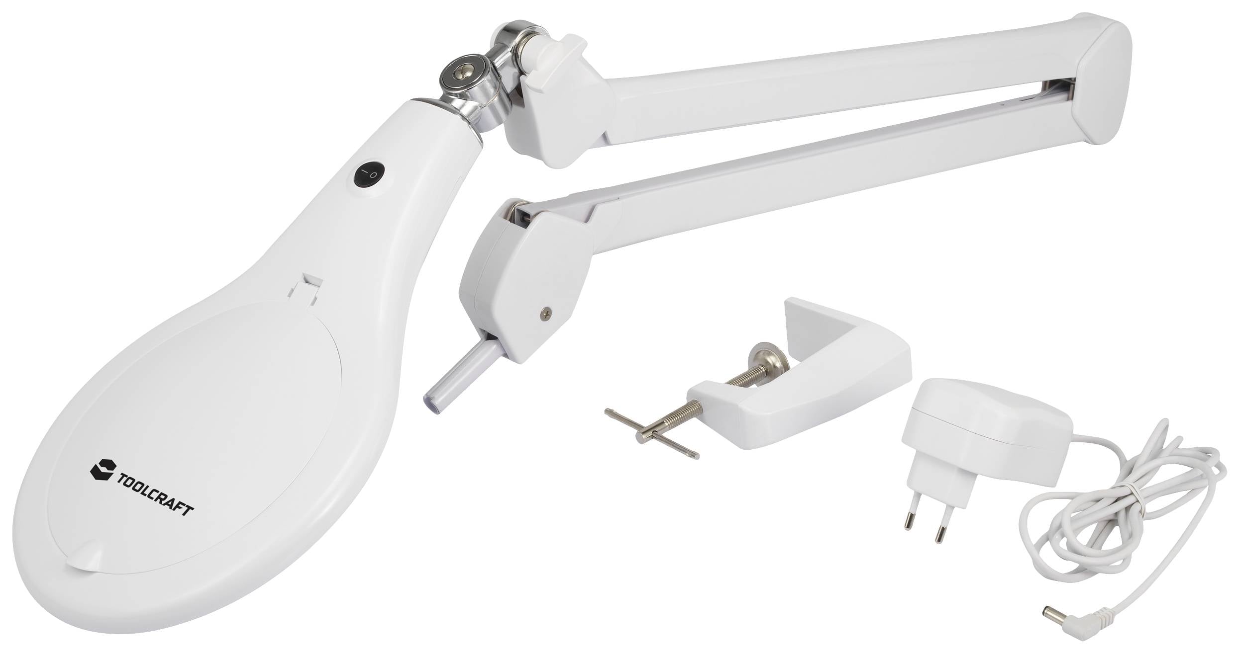 Lampe mit verstellbarem Arm, Tischklemme und Netzteil, bereit zur Montage.